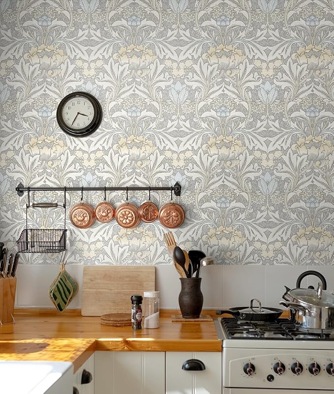 NextWall Acanthus Floral Peel and Stick Wallpaper (Daydream Grey & Pearl Blue)
