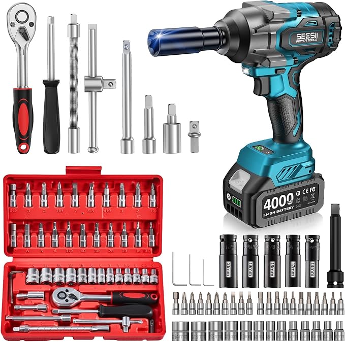 Seesii Impact Wrench 1000N.m(738 Ft-Lbs) & 46PCS 1/4″ Drive Socket Set Tool | Cordless Impact Driver, 1/2" Impact Gun With 21v 2x4.0Ah Battery for Fix Auto/Motorcycle - Wh10 Ultra