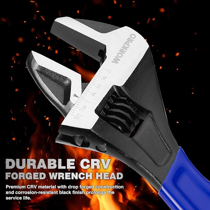 WORKPRO 4 PCS Adjustable Wrench Set, 6", 8", 10" & 12" Wide Jaw Wrenches | Cr-V Steel Wrenches with Black Oxide Finish, Metric & SAE Scales for Home, Garage and Workshop Use