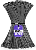 Zip Ties, RAZCC 1200pcs Black Cable Zip Ties 14 Inch, Heavy Duty Plastic Wire Ties with 100lb Tensile Strength, Self-Locking Black Nylon Tie Wraps for Indoor and Outdoor