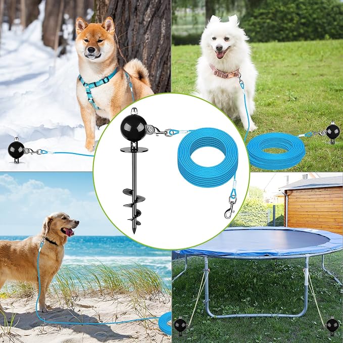 SELEWARE Dog Tie Out Stake, Outdoor Dog Anchor with 30FT Dog Leash Rope | 16.5" Long Anti-Rust Heavy Duty Dog Stake for Large Dogs up to 220 lbs, Easy Install with Twist Rod for Yard Camping Outside