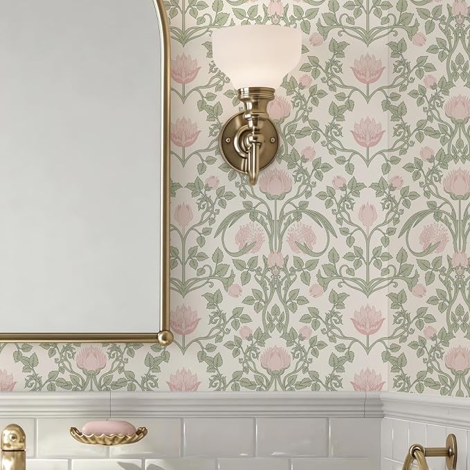 YXTII 590.5" × 17.3" Floral Wallpaper Peel and Stick Pink and Green Wallpaper Vintage Damask Wall Paper for Bedroom Bathroom Decorative Self Adhesive Contact Paper