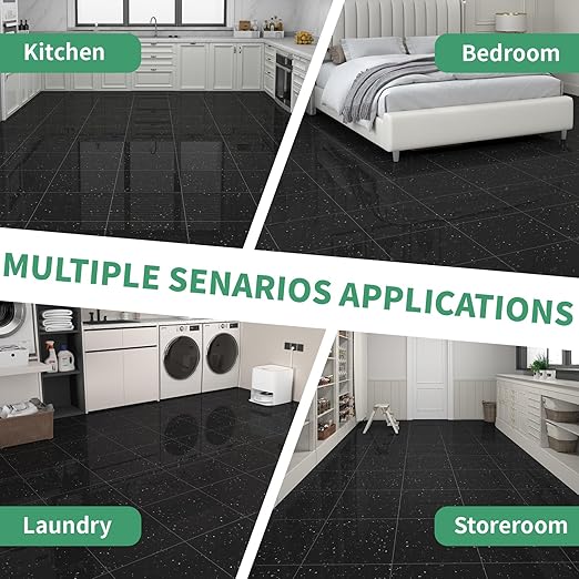 40-Pack 40 Sq.Ft Peel and Stick Floor Tiles Vinyl Glossy Pattern Flooring, 12” x 12” Self Adhesive Vinyl Flooring DIY for Kitchen, Bathroom, Laundry, Polish Black Galaxy Marble