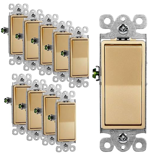 ENERLITES 3-Way Decorator Paddle Light Switch, Gloss Finish, Single Pole or Three Way, 3 Wire, Grounding Screw, Residential Grade, 15A 120V/277V, UL Listed, 93150-GD-10PCS, Gold, (10 Pack)