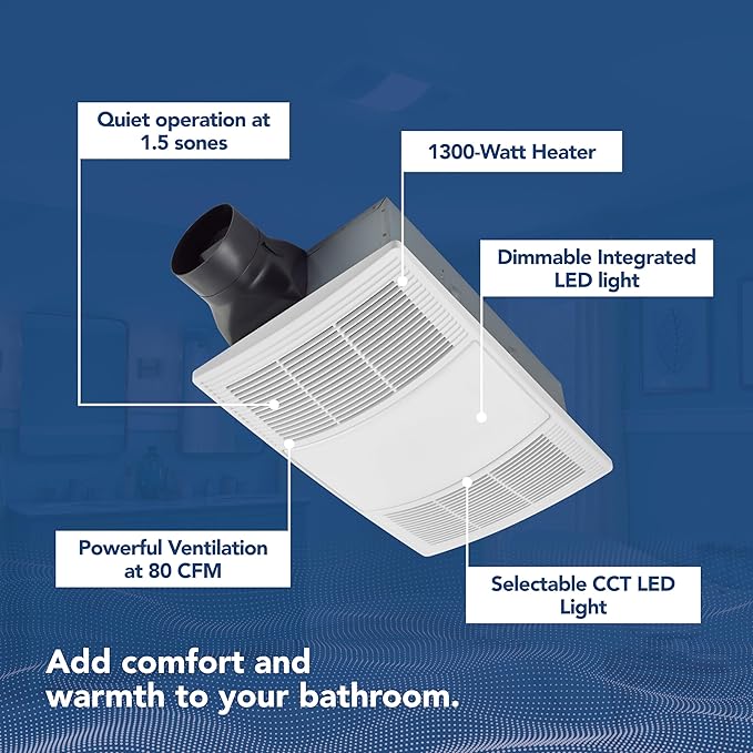 Broan-NuTone Bathroom Exhaust Fan with Heater Quiet 1.5 Sones, 80 CFM and 3-Level CCT Lighting, Powerful Ventilation and Warm Comfort for Any Bathroom