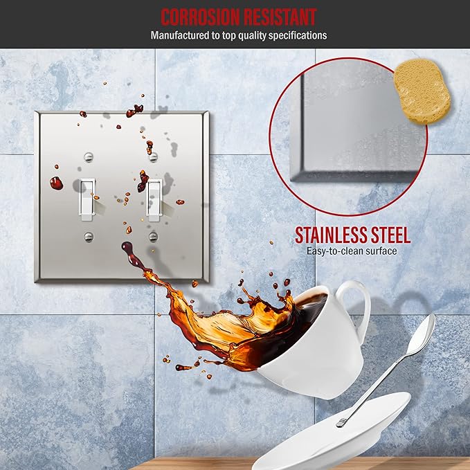 ENERLITES Dual Toggle Light Switch Metal Wall Plate, Stainless Steel Switch Cover, Corrosion Resistant, Mid-Size 2-Gang 4.88" x 4.92", Stainless Steel 201, 7712M-PC, Polished Chrome