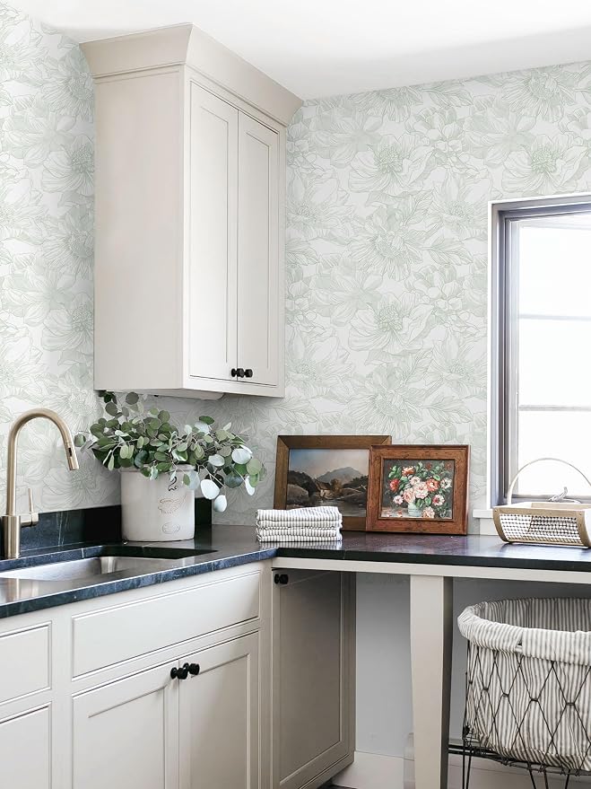 393"x17.3" Peel and Stick Wallpaper Green Floral Wallpaper White Boho Modern Contact Paper Removable Self Adhesive Flower Wall Paper for Kitchen Bathroom Bedroom Cabinets Thicken Vinyl Roll