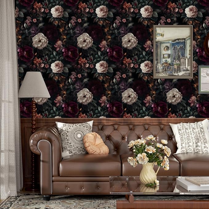 ILHIIOR Black/Pink Floral Peel and Stick Wallpaper 17.5 x 787 Inches | Leaf Removable Self Adhesive Waterproof Contact Paper, Renter Friendly Decor for Cabinets, Drawers & Bedroom Walls