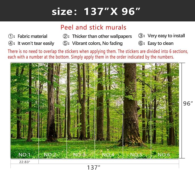 YIHWM-Peel and Stick Green Forest Wallpaper Landscapes Woodland Tree Mural | Tear-resistant,with a substantial feel;Will not be damaged during repositioning.Bathroom,Bedroom wallpaper.L-137"x96"
