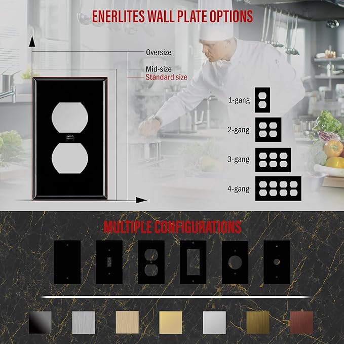 ENERLITES Duplex Receptacle Metal Wall Plate, Outlet Cover, Corrosion Resistant, Standard Size 1-Gang 4.50" x 2.76", Powder Coated Stamped Steel, 7721-BG, Black Gloss