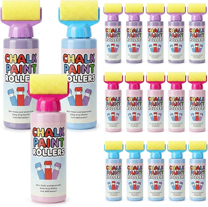 Eaasty 18 Pcs Roller Sidewalk Paint Set Washable Powdered Chalks Mix in Water Paint Rollers 3 Colors Kids Outdoor Art Toy for Driveway Sidewalk Chalkboard