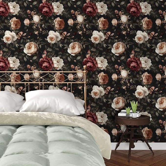Gothic Black Red Rose Floral Wallpaper Peel and Stick 17.5"x118" | Self Adhesive/Removable/Waterproof/Thick Vinyl Vintage Contact Paper for Bathroom Bedroom Shelf Cabinet Drawer,Prepasted