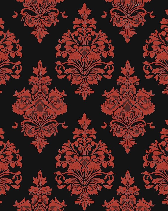 BOKEBEVE Vintage Floral Wallpaper Peel and Stick Burgundy Red 17.5 x 118In | Renter Friendly Contact Paper Self Adhesive Removable Wall Paper for Feature Wall Bedroom Bathroom Halloween Decor