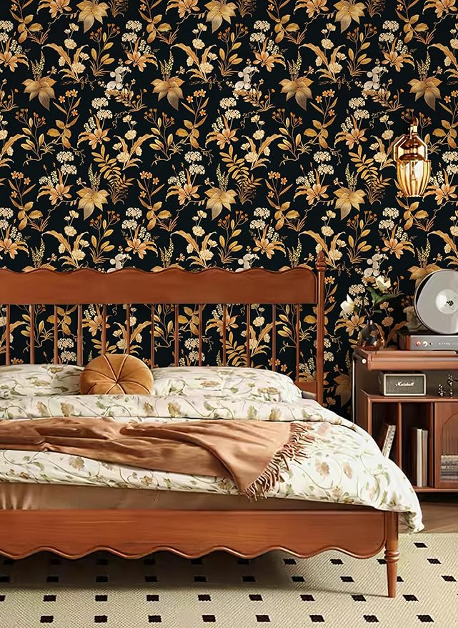 Simon&Siff Vintage Floral Peel and Stick Wallpaper 17.3" x 120" | Black Gold Botanical Contact Paper, Removable Wall Paper, Renter Friendly, for Cabinets, Furniture, DIY Decor