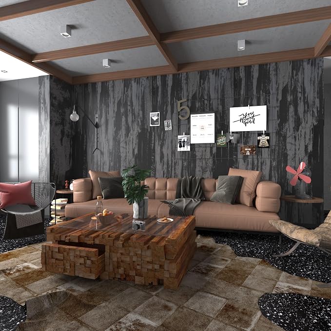 BOMENG Large Black Concrete Peel and Stick Industrial Wallpaper 48"x354" Cement Contact Paper with Air Guide Slot Design Glossy Industrial Wall Paper for Bathroom,Living Room, bar, Hotel, Coffee Shop