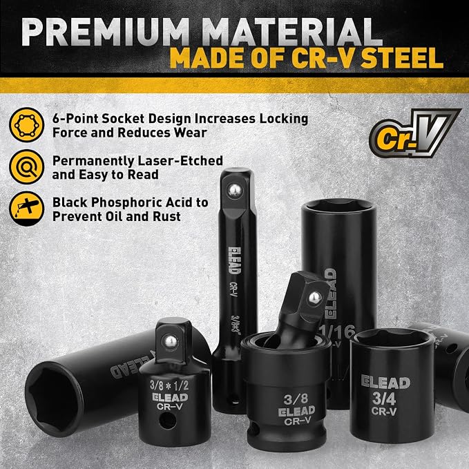 96-Piece 3/8" Drive Impact Socket Set, SAE(5/16 to 3/4-Inch) & Metric(8-22mm), Standard & Deep Sockets, Ratchet Handle, Bit Set, Universal Joint, Extension Bar, Adapters, Spark Plug Sockets