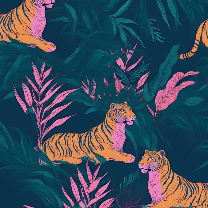 BOKEBEVE Tropical Tiger Wallpaper Peel and Stick Green Pink 17.5 x 393.5In | Extra Long Removable Renter Friendly Jungle Tiger Wall Paper for Bedroom Bathroom Living Room Feature Accent Wall
