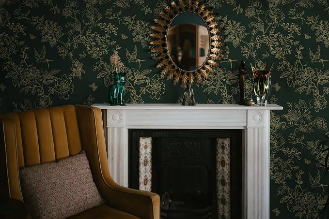 Froluya Dark Green and Gold Wallpaper Floral Peel and Stick Wallpaper 17.7"x393.7" Vintage Floral Contact Paper Peel and Stick Flowers Birds Removable Self Adhesive Wall Paper for Bedroom Cabinets