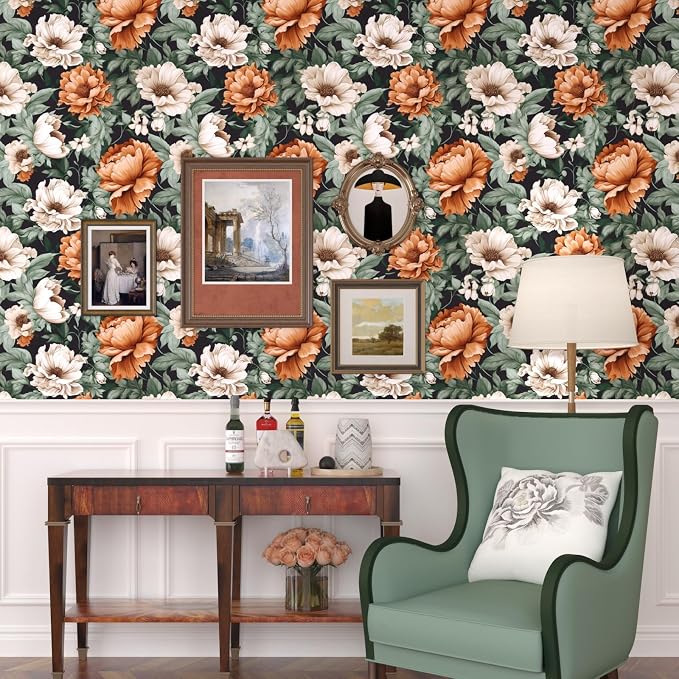 Floral Wallpaper Peel and Stick, Vintage Large Blooming Flowers Contact Paper 17.5" x 393.7", Retro Wall Paper Self Adhesive Removable Waterproof for Room Walls Shelves Cabinet Table (Orange, Green)