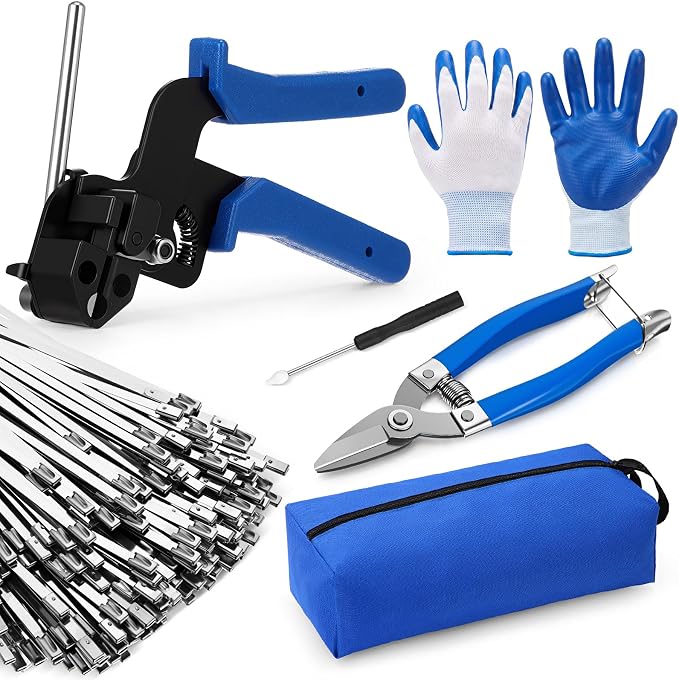 LEIFIDE Stainless Steel Cable Tie Gun Set 200 Pcs 11.8 Inch Heavy Duty Metal Zip Tie Adjustable Fastening Cutting Tool for Outdoor Exhaust Wrapping Fence Workshop(Silver, Blue)