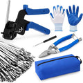 LEIFIDE Stainless Steel Cable Tie Gun Set 200 Pcs 11.8 Inch Heavy Duty Metal Zip Tie Adjustable Fastening Cutting Tool for Outdoor Exhaust Wrapping Fence Workshop(Silver, Blue)