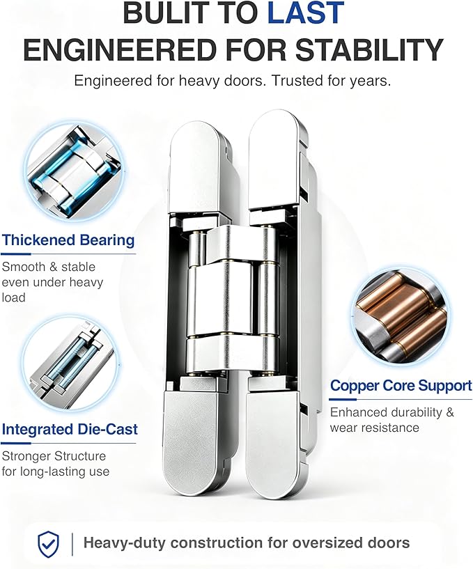 Onedaful 2 Kits 7 inch Stainless Steel Hidden Door Hinges Invisible Hinges for Door, 180 Degree Swing Concealed Hinges, 3 Way Adjustable & Heavy Duty for Secret Door (Load-Bearing Up to 170lbs)