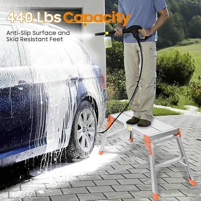 LEADALLWAY Aluminum Work Platform Step Ladder Heavy Duty Foldable 440 Lbs Capacity 30"x12"x20" Silver