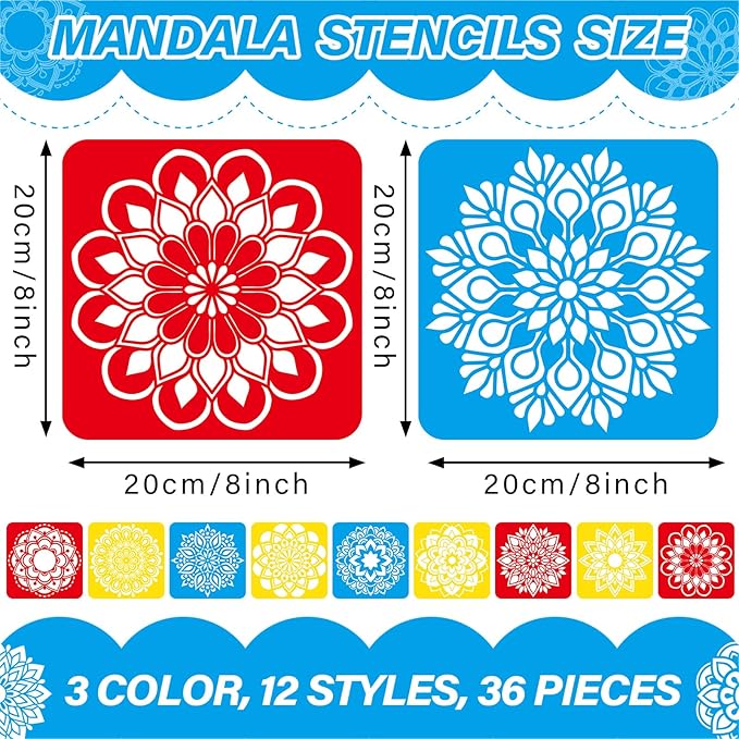 36pcs Mandala Drawing Stencils for 8 Inch Sidewalk Chalk Stencils Painting Large Washable Reusable Mandala Themed Primary Shape Template for Toddlers Preschool