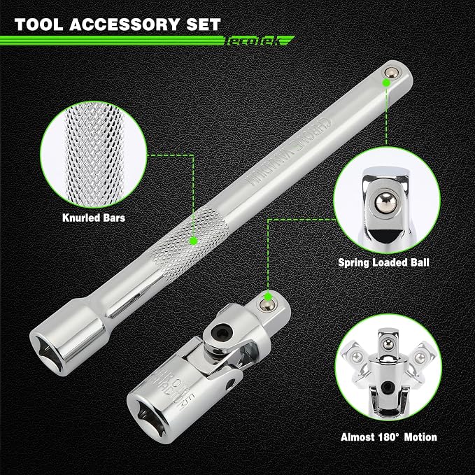 TecoTek 17-Pieces Drive Tool Accessory Set, Spark Plug Socket Set, Includes 1/4" & 3/8” Drive Extension Bar, Socket Adapter, Universal Joints, Spark Plug Sockets, Professional Socket Accessories, Cr-V