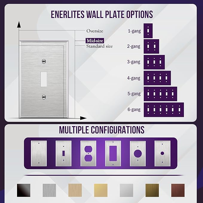ENERLITES Toggle Light Switch Metal Midway Size Wall Plate, Corrosion Resistant, Mid-Size 1-Gang 4.88" x 3.11", UL Listed, 7711M, 430 Stainless Steel, Silver