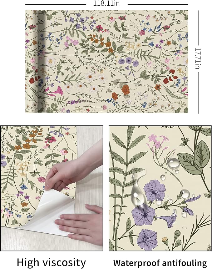 JiffDiff Floral Wallpaper Peel and Stick - Farm Floral Wall Paper Wildwood Self Adhesive Contact Paper for Home Bedroom Cabinets and Kitchen Countertop ThickenStick on Wallpaper 17.3"x118"