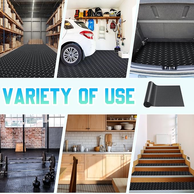 Breling 16 in x 32.8 ft Rubber Flooring Rolls Mats, Heavy Duty Diamond Plate Garage Floor Mat, PVC Water/Stain Outside Resistant Parking Rv Trailer Flooring(Black)