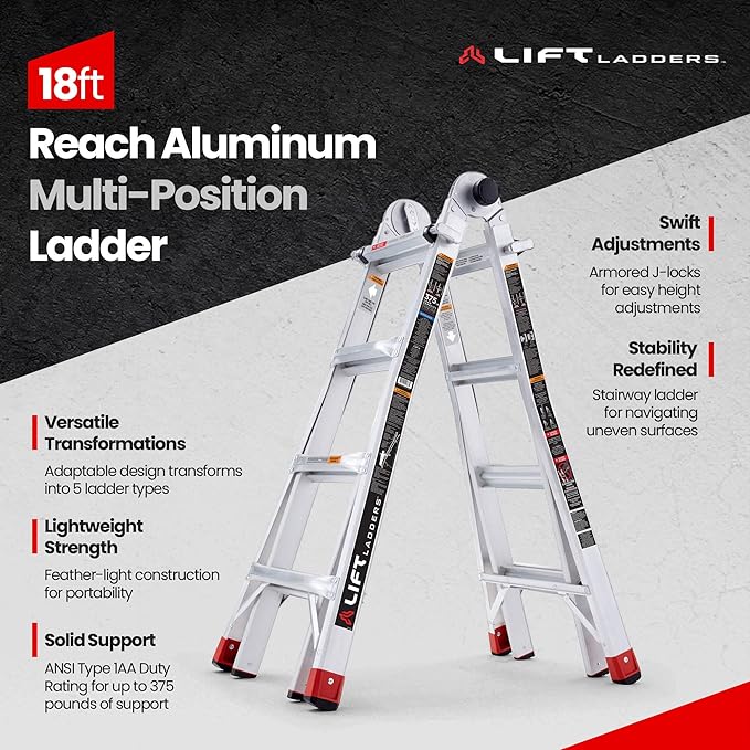 Lift Ladders Aluminum Step Ladder, 5-in-1 Multi-Position Frame, 18 Ft Reach, Silver - Extendable Indoor and Outdoor Equipment for Home, Kitchen, Office, and Garage - Portable and Lightweight