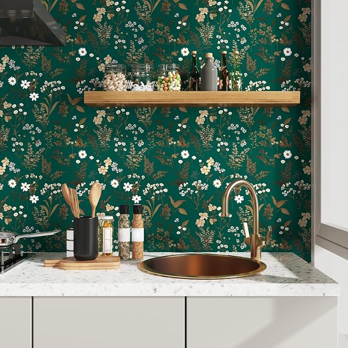 Laatse Dark Floral Wallpaper Peel and Stick 17.5in x393in Vintage Green Gold Leaf Wallpaper Vinyl Waterproof Self-Adhesive Boho Botanical Wall Paper Mural for Cabinet Bookcase Bedroom Decor