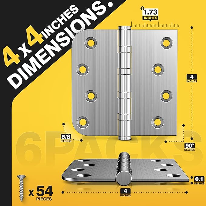 KOLET Ball Bearing Door Hinges, 4 x 4 Inches Door Hinges, Heavy Duty Stainless Steel Hinges, Square and 5/8'' Radius Corner, Smooth and Quiet, Non Removable Pin, Brushed Nickel, 6 Pack