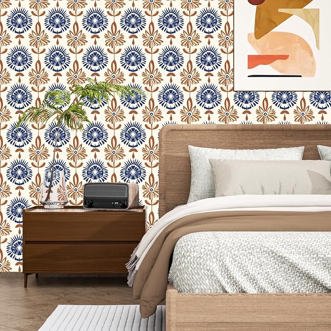BOKEBEVE Boho Floral Peel and Stick Wallpaper Beige Brown 17.5 x 393.5In | Extra Long Symmetry Contact Paper Modern Wall Paper for Bedroom Accent Walls Laundry Nursery Pantry Renter Friendly Removable