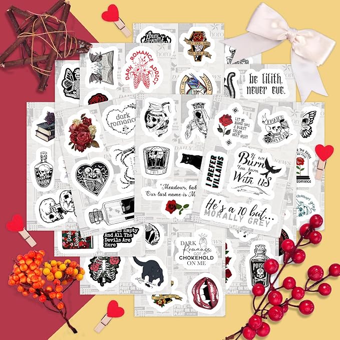 BulbaCraft 100Pcs Dark Romance Stickers for Water Bottle and Laptop - Dark Romance Party Supplies & Decorations, Waterproof Vinyl Decals, Love and Gothic Stickers, Gifts for Women & Men
