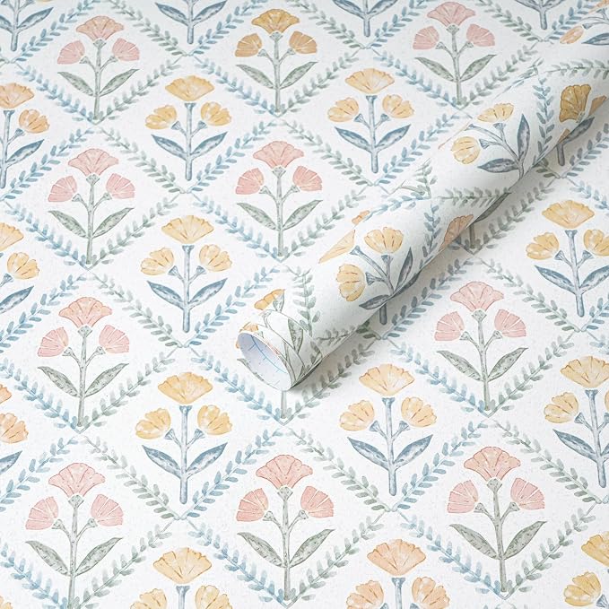 Dimoon 17.3''x393'' Peel and Stick Wallpaper Floral Boho Contact Paper Cute Vintage Village Wallpaper Farmhouse White Blue Renter Friendly Geometry Grid Waterproof Embossed Kitchen Bedroom Vinyl