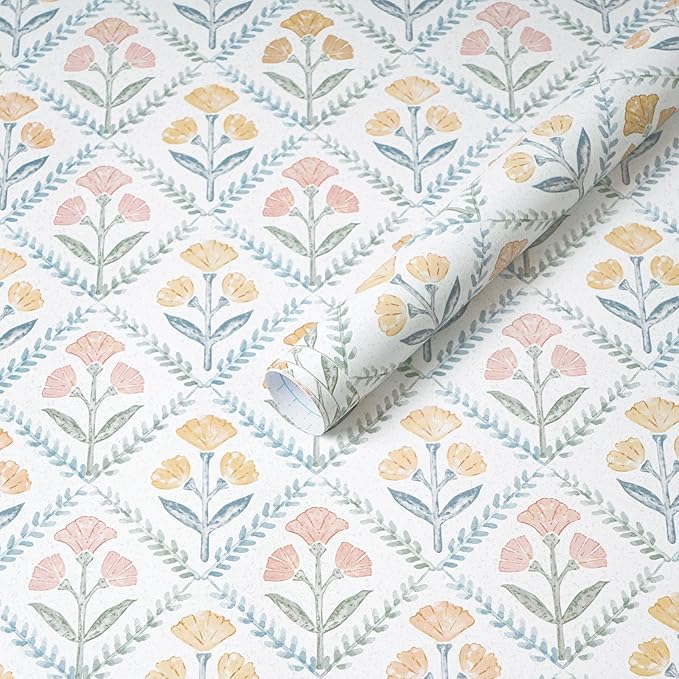 Dimoon 17.3''x78.7'' Peel and Stick Wallpaper Floral Boho Contact Paper Cute Vintage Village Wallpaper Farmhouse White Blue Renter Friendly Geometry Grid Waterproof Embossed Kitchen Bedroom Vinyl