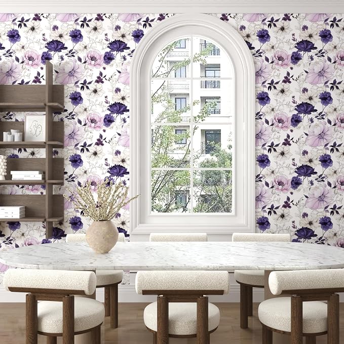Floral Botanical Peel and Stick Wallpaper 17.5" x 393",White/Purpel | Self Adhesive/Removable/Waterproof/Thick Vinyl Contact Paper for Bathroom Bedroom Shelf Cabinet Drawer,Prepasted,Easy Peel