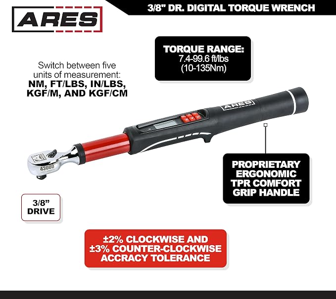 ARES 43000 3/8-Inch Drive Electronic Digital Torque Wrench | 7.4-99.6 ft/lbs (10-135Nm); Reversible Sealed Head; Multi-Alert System Prevents Over-Torquing