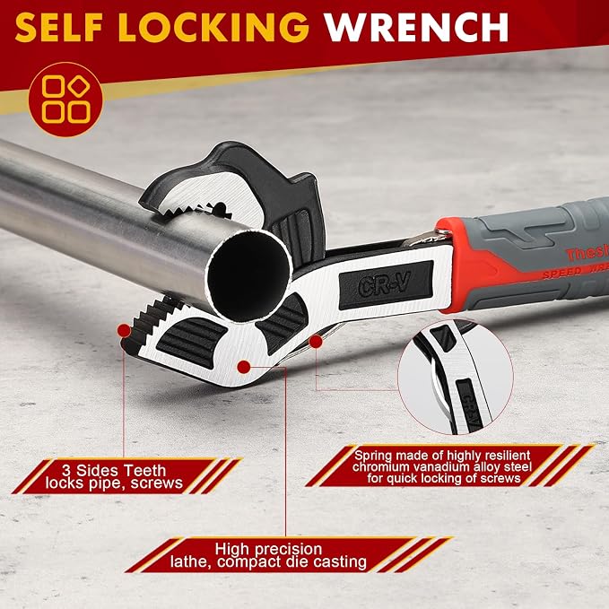 Self Adjusting Pipe Wrench, 4 Pcs Self locking Wrench, 6 8 10 12 Inch Pipe Wrench Set, Plumbing Wrench for 0.27“-1.7”(7-43mm) Pipe Fittings and Nuts, Chrome Vanadium Alloy Steel