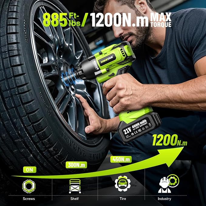 Cordless Impact Wrench, 885Ft-lbs (1200N.m) 1/2" Brushless Impact Gun | 21V High Torque Power Impact Driver, 2x4.0Ah Batteries Electric Impact Motor Variable Speeds for Car/Truck RV/Mower