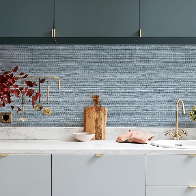 Simon&Siff Gray Blue Textured Grasscloth Peel and Stick Wallpaper 17.7"x1200" Neutral Faux Grassweave Waterproof Self Adhesive Removable Wallpaper Mural for Home Decor Bedroom Kitchen Cabinet