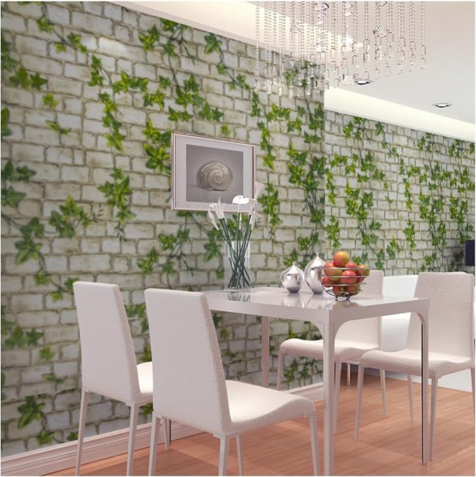Brick Peel and Stick Wallpaper Self Adhesive Wallpaper Removable Contact Paper 3D BrickTextured Vintage Wall Paper Decorative Green Leaves Brick 15.7"x393"