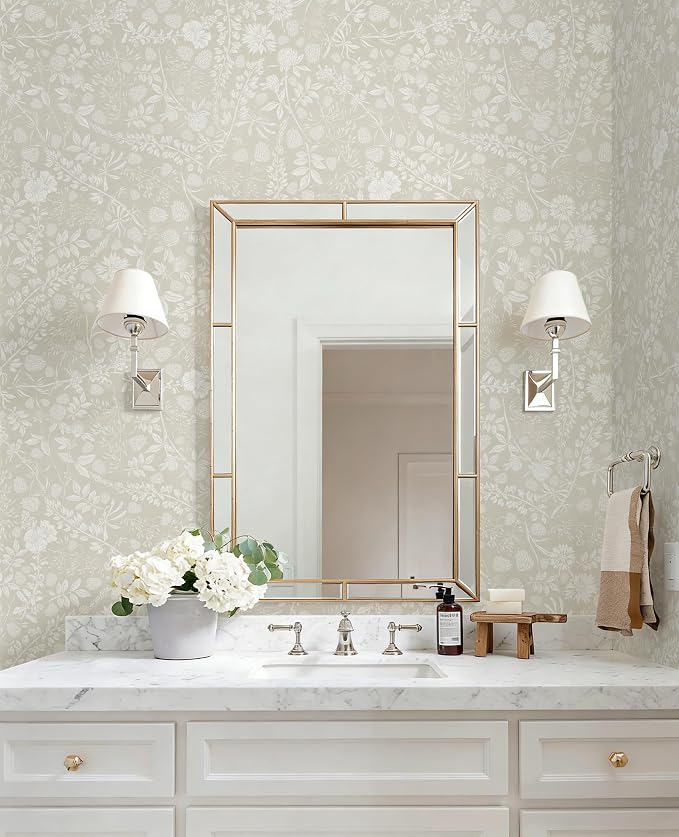 Beige and Cream White Peel and Stick Wallpaper Floral Wallpaper Slef Adhesive Removable Waterproof Contact Paper Boho Wall Paper for Dining Room Bedroom Living Room Bathroom Kitchen 17.3''x78.7''