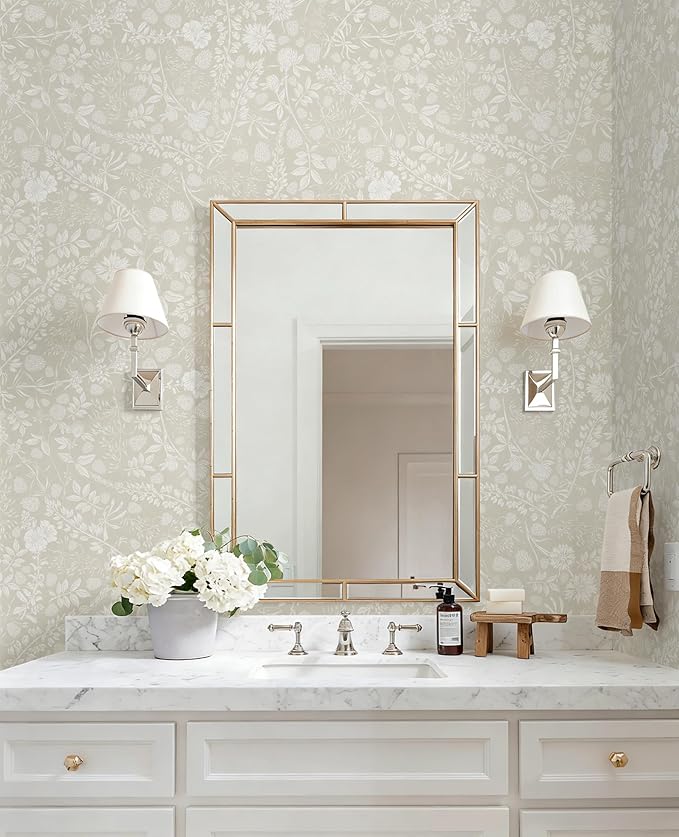Guvana Beige and Cream White Peel and Stick Wallpaper Floral Wallpaper Slef Adhesive Removable Waterproof Contact Paper Boho Wall Paper for Dining Room Bedroom Living Room Bathroom Kitchen 17.3"×394"