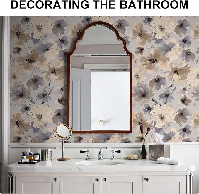 Purple Watercolor Floral Peel and Stick Wallpaper, 393" x 17.3" Vintage Removable Waterproof Self Adhesive Wall Paper, Brown Flower Contact Paper Peel and Stick for Classroom Cabinets 48.5 sq.ft