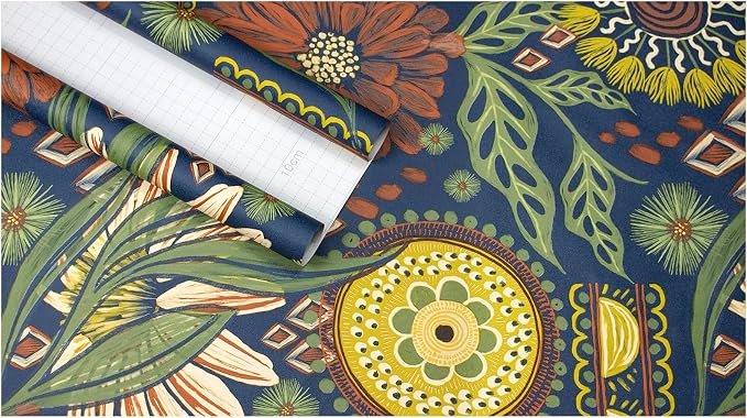 HAOKHOME Peel and Stick Wallpaper Boho Retro Floral Wall Paper Navy Orange Oliva for Bedroom Kitchen Accent Wall 17.3in x 9.8ft