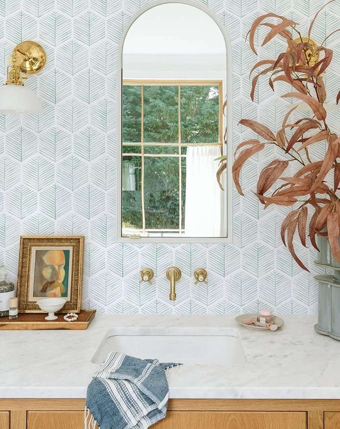 MelunMer Geometric Peel and Stick Wallpaper Boho Green White 17.3''×591'' | Modern Self Adhesive Removable Wallpaper for Bedroom/Bathroom Waterproof, Contact Paper for Cabinets, Drawers Easy to Install